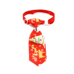 Red Christmas pet tie with cartoon character and ornament patterns, clip-on strap