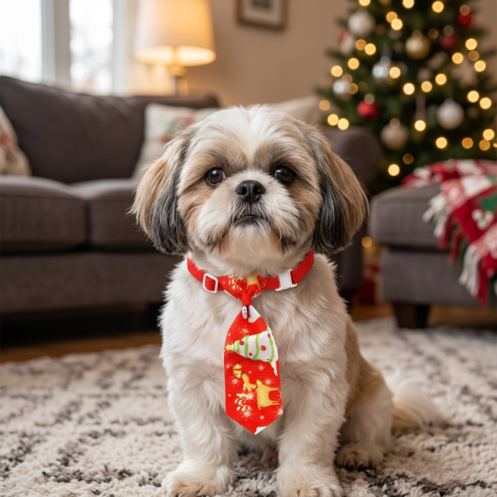 Small pet Christmas necktie in red with festive holly pattern and white trim.
