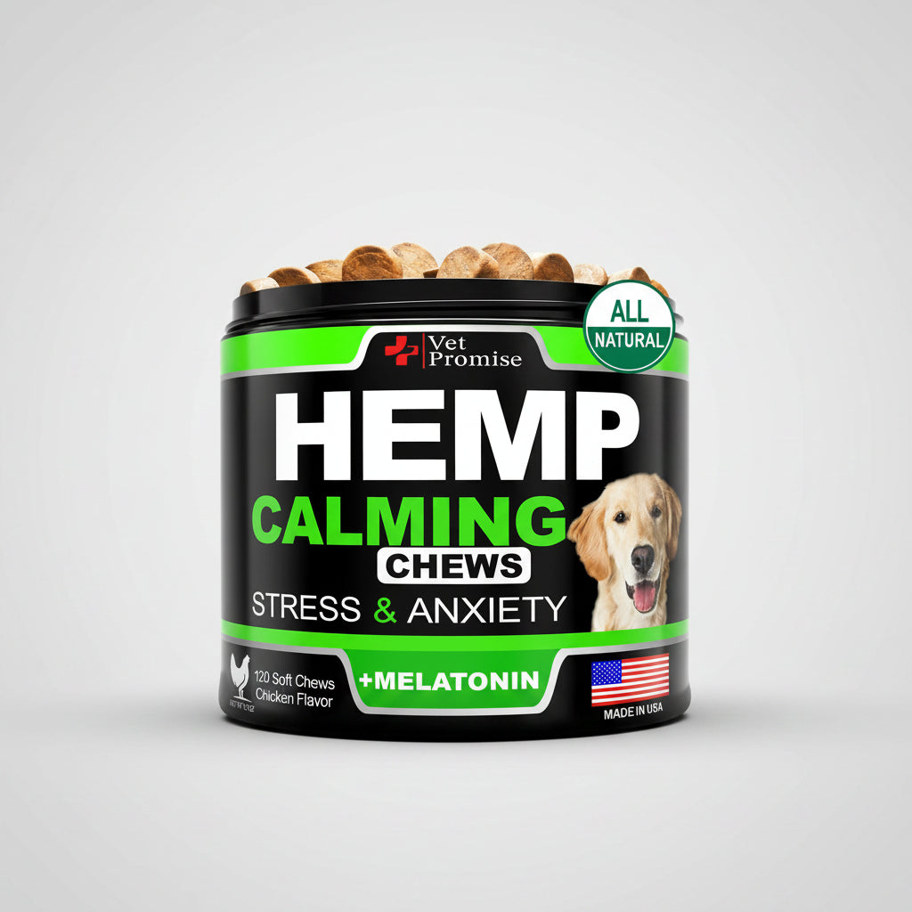 Hemp calming chews container for dogs, black-and-green tub with label and dog photo