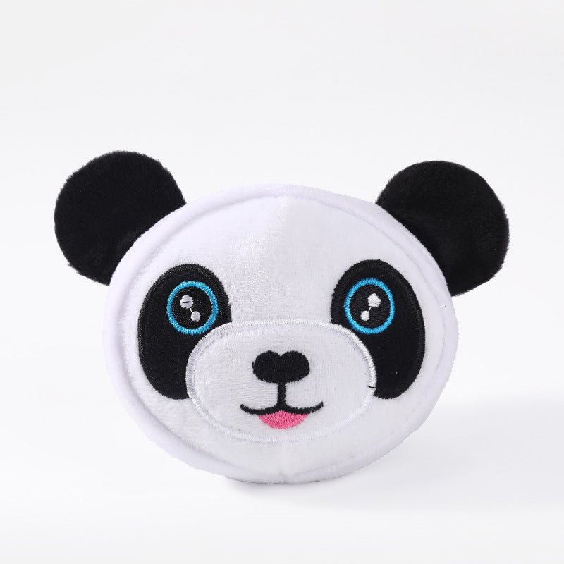 White panda-faced bite-resistant teething plush toy with black ears and blue eyes