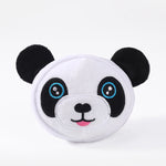 White panda-faced bite-resistant teething plush toy with black ears and blue eyes