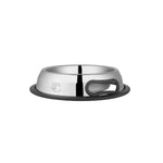 Stainless steel pet bowl with black rubber base and paw emboss detail