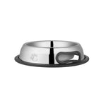 Stainless steel pet bowl with black non-slip base and side handle