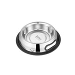 Stainless steel pet bowl with rubber no-tip anti-skid base and handle
