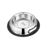 Stainless steel pet bowl with black anti-skid rubber base and handle cutout