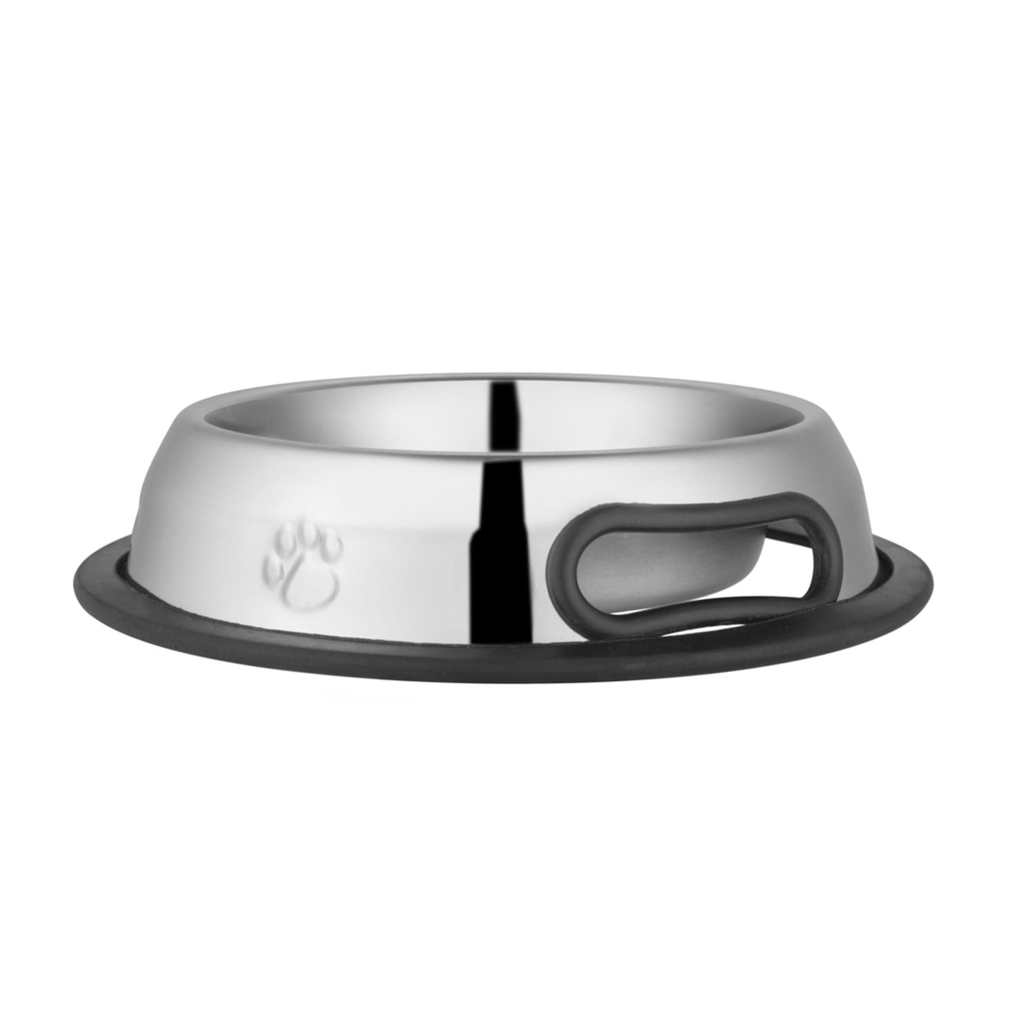 Stainless steel pet bowl with paw emboss and black anti-skid rubber base