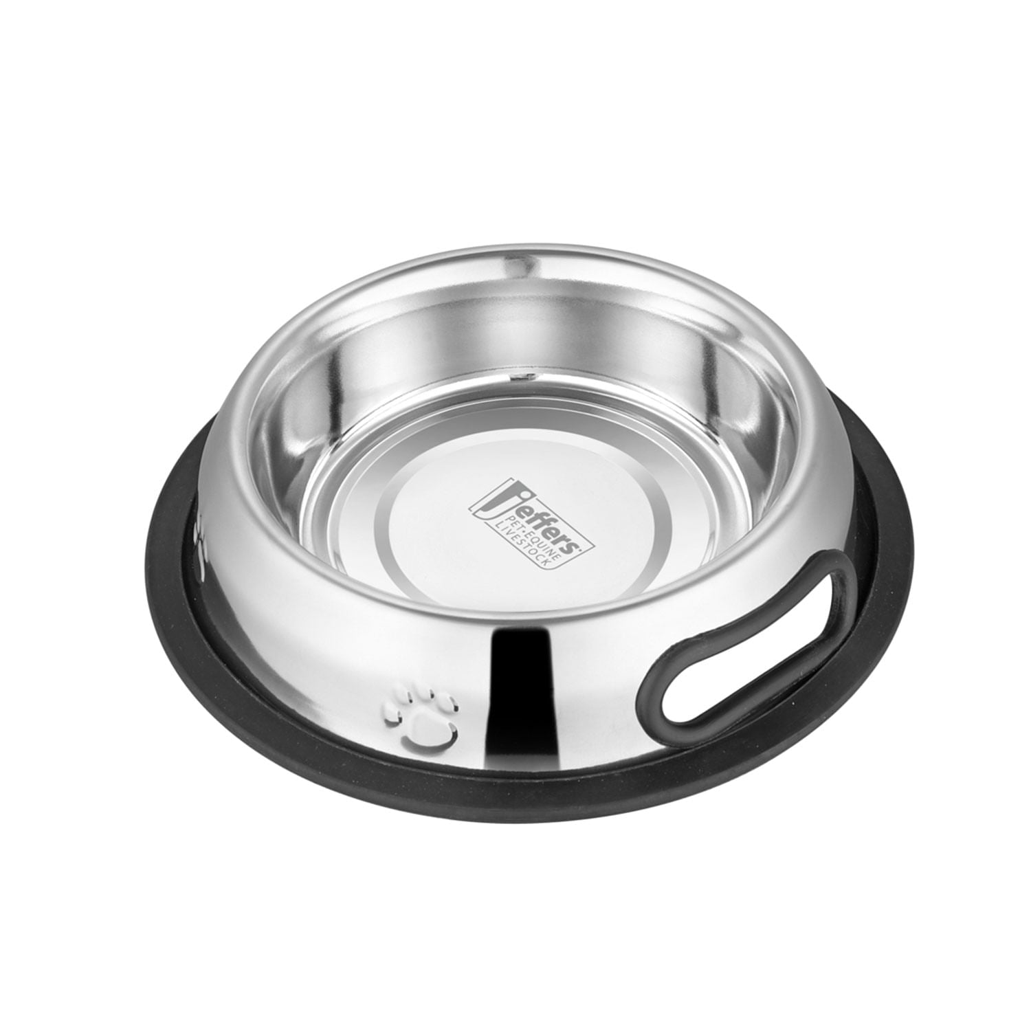Stainless steel pet bowl with Jeffers logo on inner base and black rim