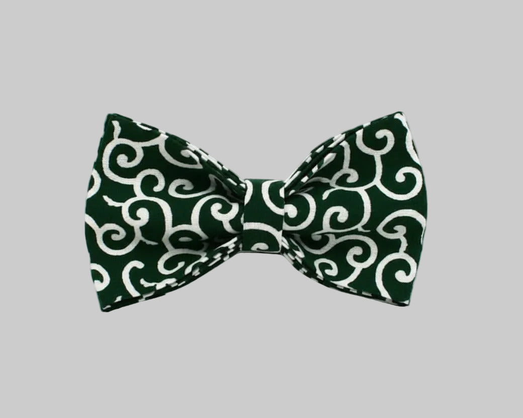 Emerald swirl dog bow tie, dark green with white swirl pattern