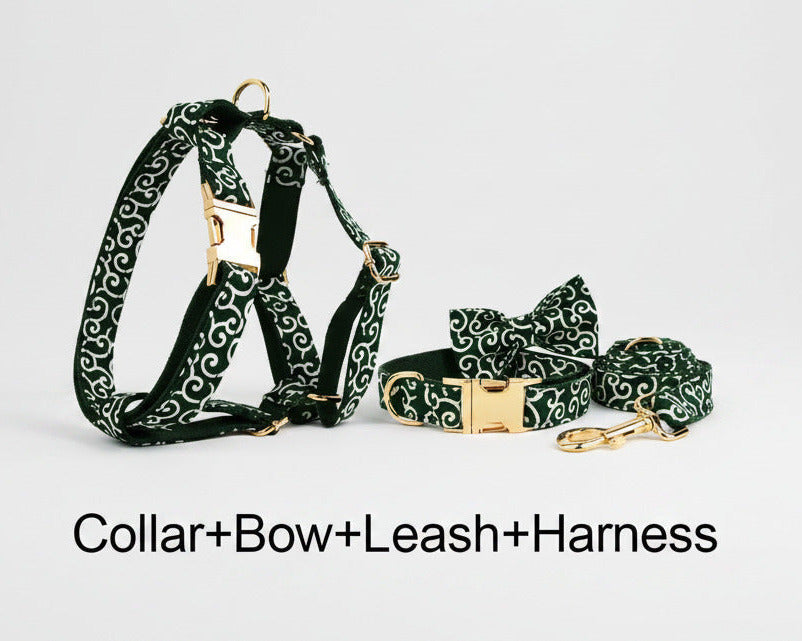 Emerald swirl dog set: collar, bow tie, leash and harness in dark green