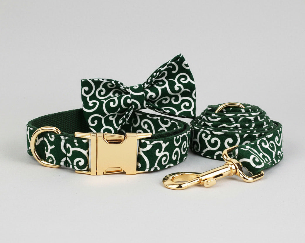 Emerald swirl dog harness set with bow tie, collar and matching leash