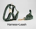 Emerald swirl dog harness with matching leash, dark green with white swirls