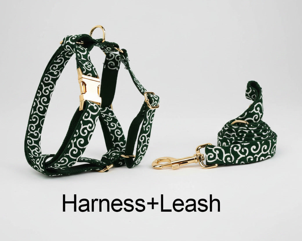 Emerald swirl dog harness with matching leash, dark green with white swirls