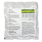 Dog food ration pouch back with feeding chart and ingredient panel, white and green