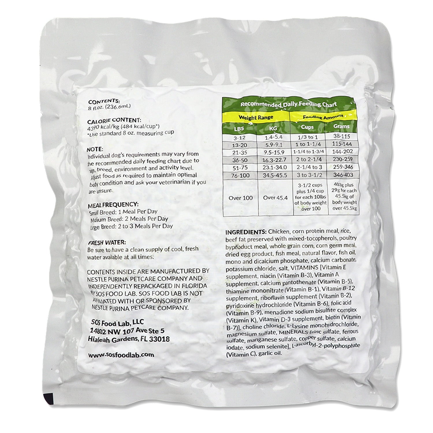 Dog food ration pouch back with feeding chart and ingredient panel, white and green