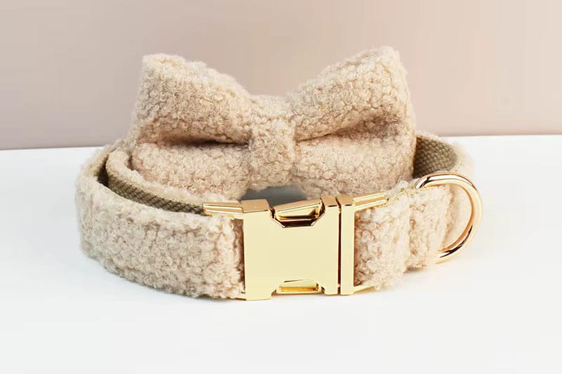 Beige teddy dog collar with gold buckle and matching plush bowtie