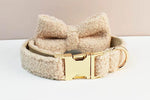 Beige teddy dog collar with gold buckle and matching plush bowtie