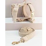Beige teddy dog harness set with gold hardware plus collar and leash