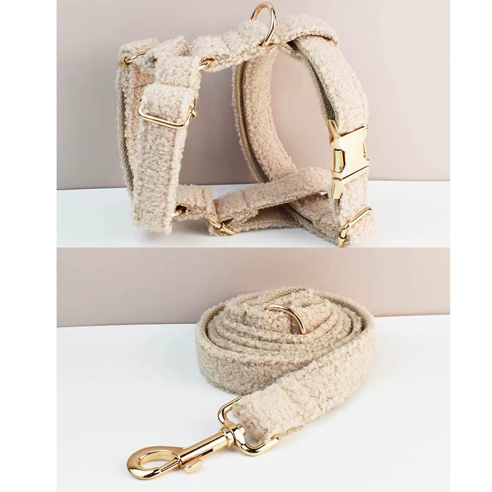 Beige teddy dog harness set with gold hardware plus collar and leash
