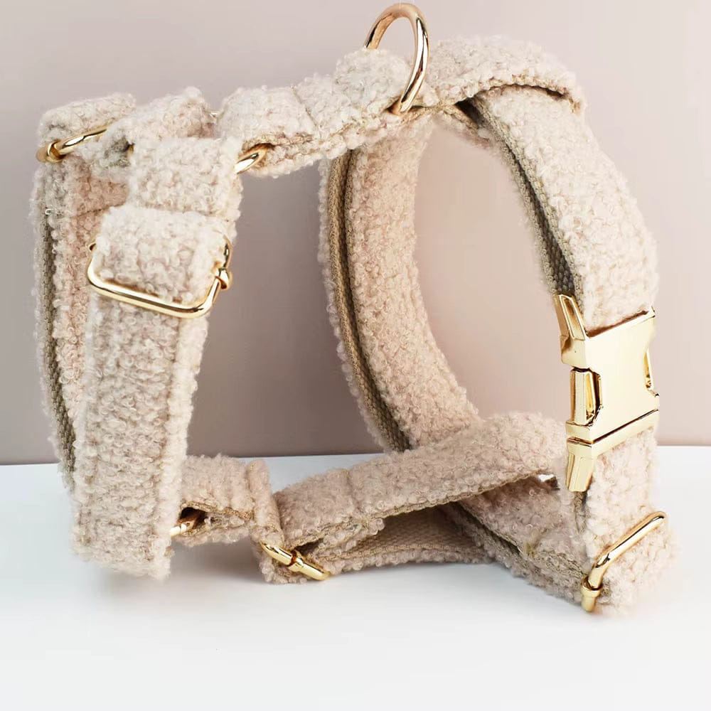Beige teddy dog harness with gold clips and adjustable straps