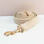 Beige teddy dog leash with gold clasp and metal swivel hook