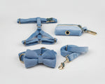 Blue velvet set: bowtie collar, harness, leash and poop bag pouch with gold hardware