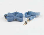 Blue Velvet Bowtie Collar and Leash set, light blue velvet with gold clips