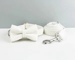 White leather bowtie collar with matching leash set, gold clasps