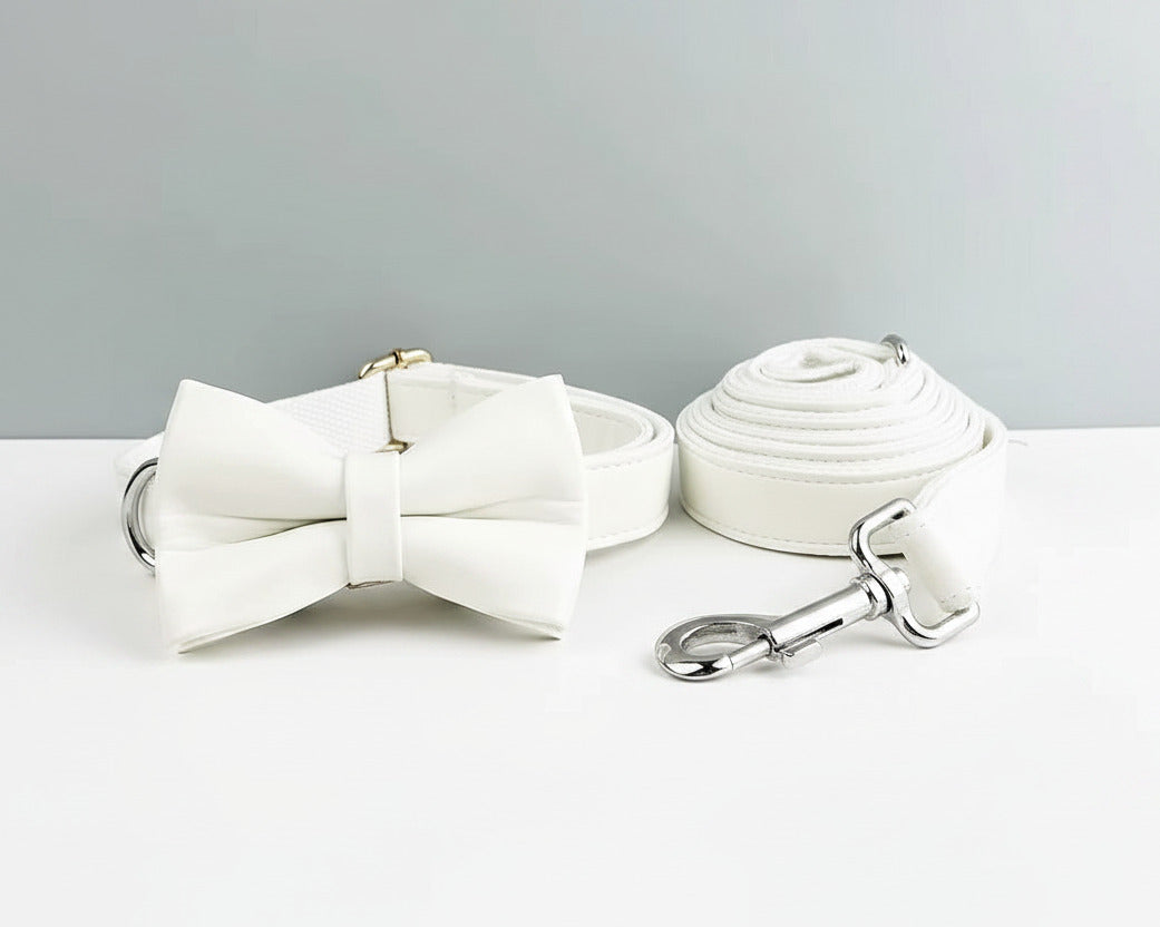 White leather bowtie collar with matching leash set, gold clasps