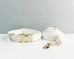 White leather dog collar and matching leash set with gold hardware