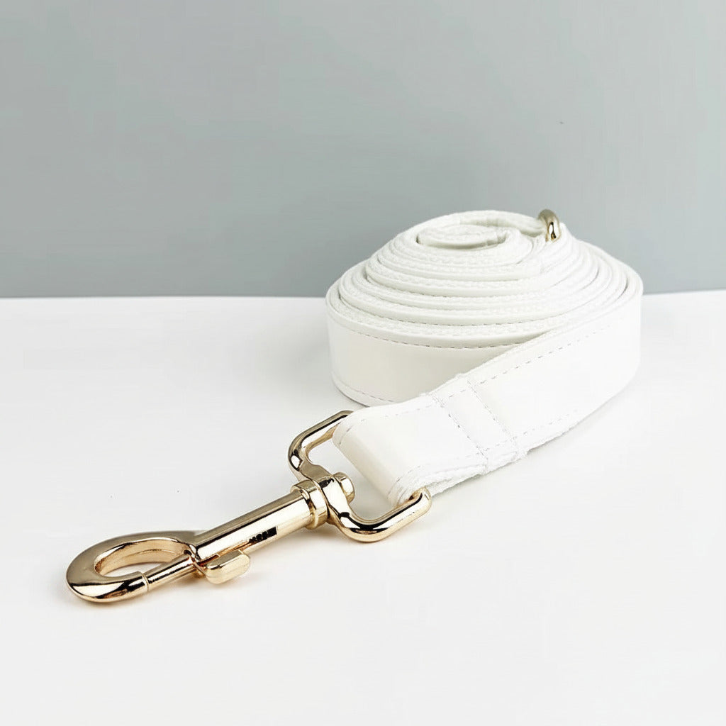 White leather dog leash with gold swivel clip and rolled strap