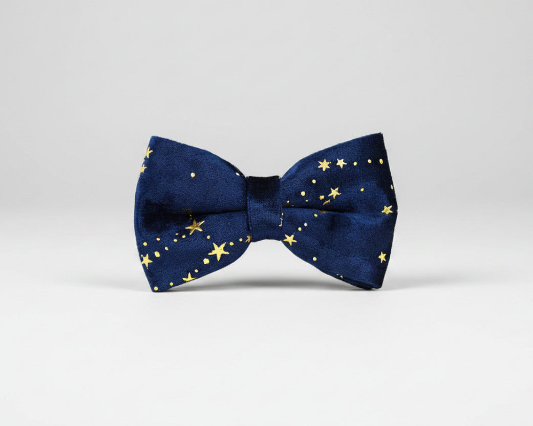 Dark blue velvet bow tie with gold star embroidery
