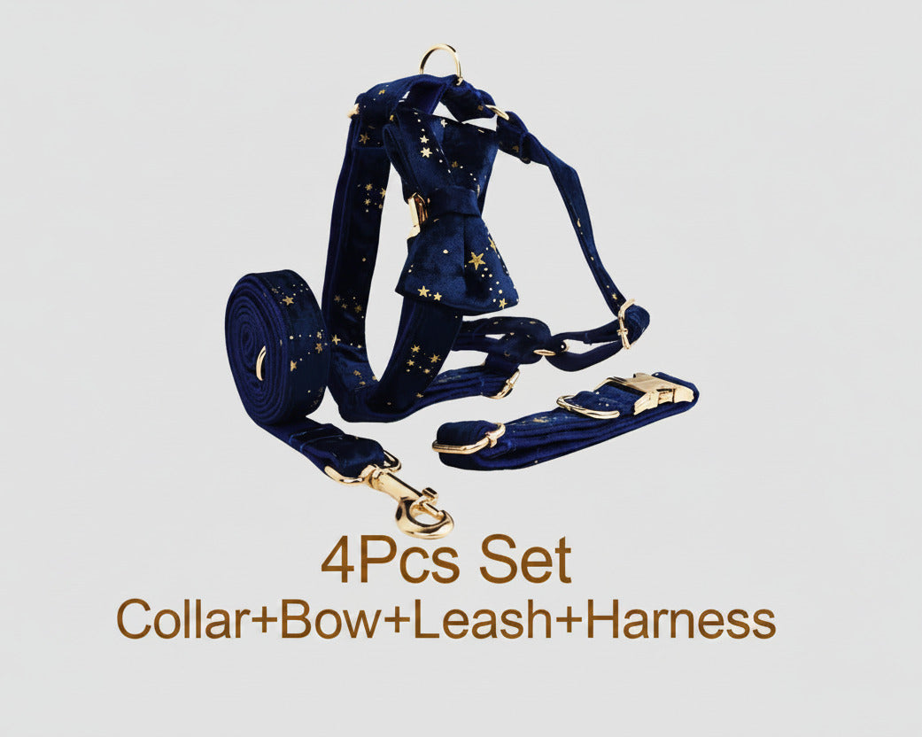 Velvet collar, bow, harness and leash set in dark blue with gold star details