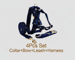 Velvet collar, bow, harness and leash set in dark blue with gold star details