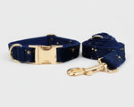 Dark blue velvet pet collar and matching leash set with gold hardware and star pattern