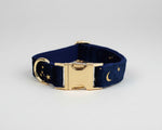 Dark blue velvet pet collar with gold buckle and star and moon pattern