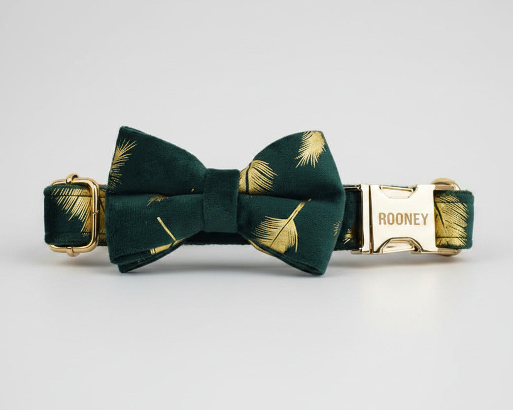 Green feather velvet bowtie collar with gold nameplate and matching bow