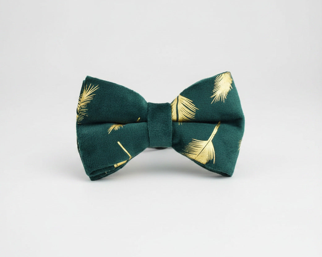 Green velvet bow tie with gold feather pattern