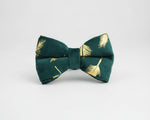 Green velvet bow tie with gold feather pattern