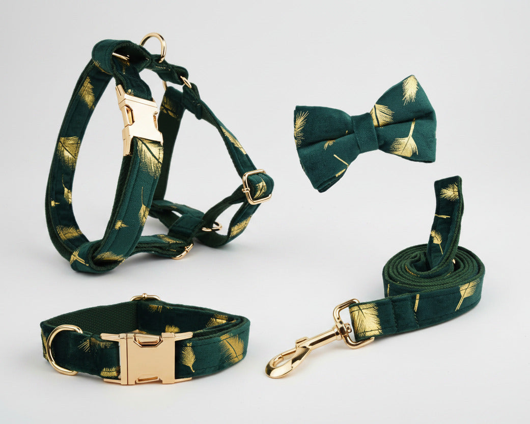 Gold feather velvet harness and collar set with bow tie and matching leash