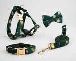 Gold feather velvet harness and collar set with bow tie and matching leash