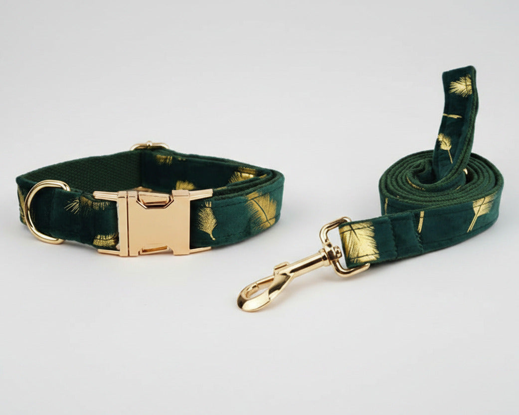 Green feather velvet collar with gold metal buckle and matching leash