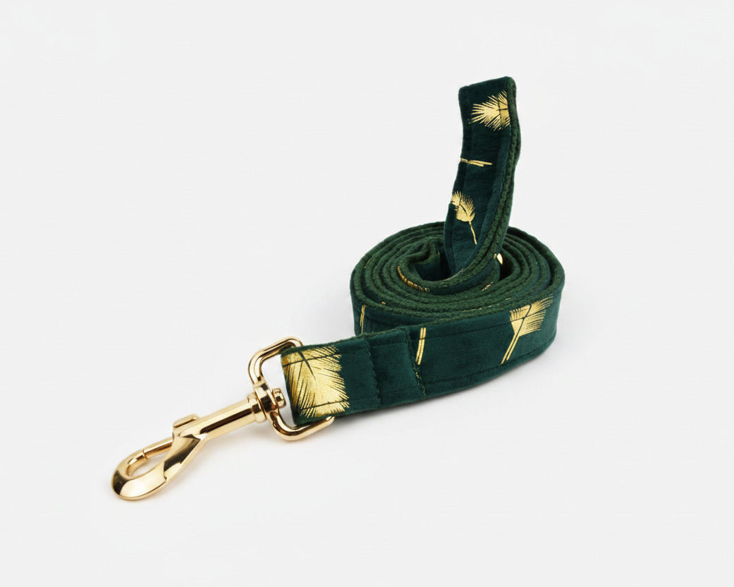 Green feather velvet leash with gold clasp and feather pattern strap