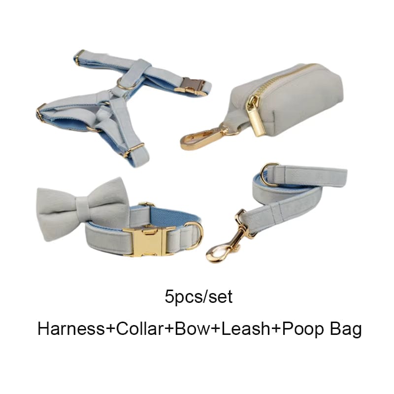 Light blue velvet harness and bow set with matching leash and poop bag