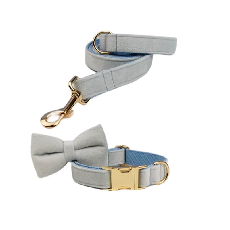 Light blue velvet dog collar and leash set with bow accent and gold hardware