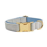 Light blue velvet dog collar with gold buckle and leash ring hardware