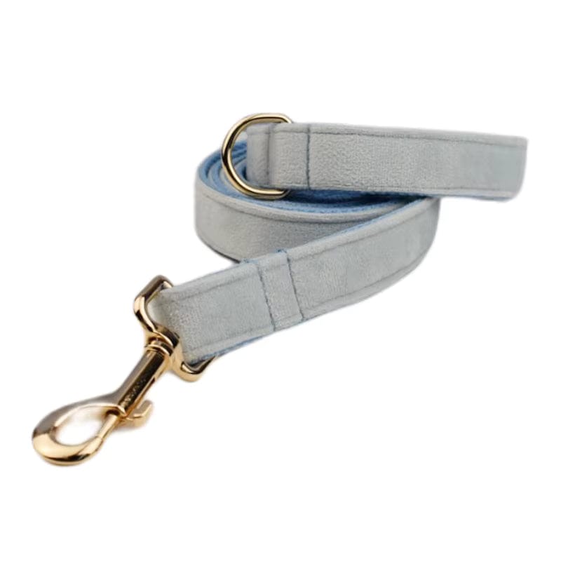 Light blue velvet dog leash with gold swivel clasp and stitched strap