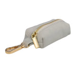 Light blue velvet poop bag holder with gold zipper and clip hook