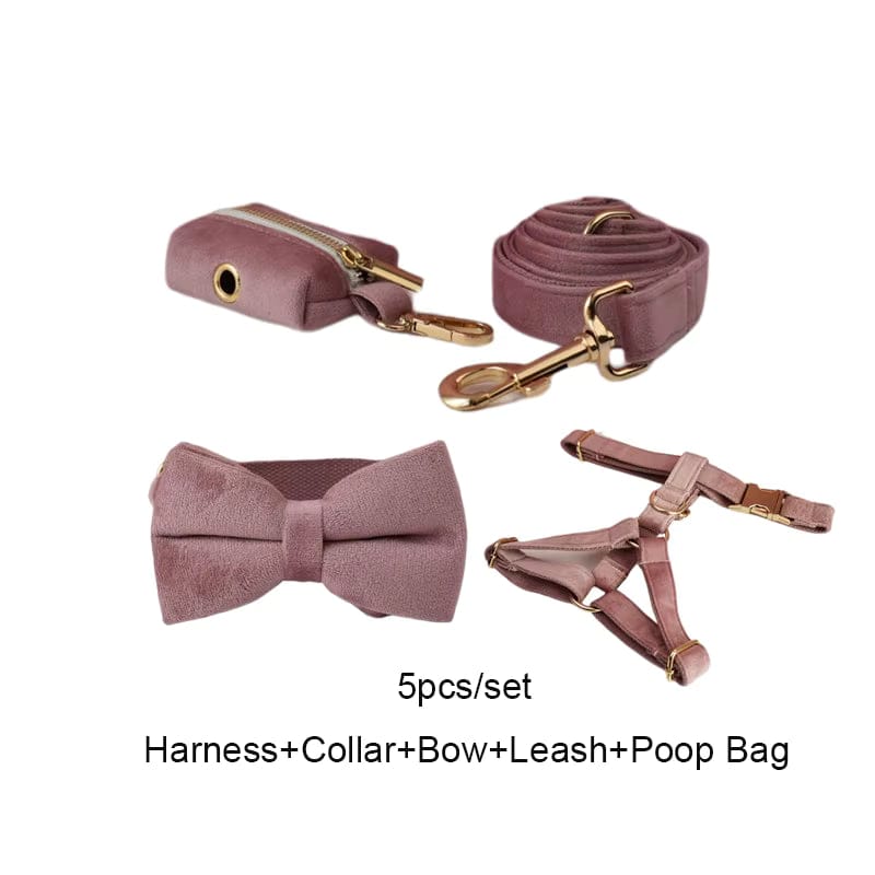 Light purple velvet dog set with harness, bowtie collar, and leash