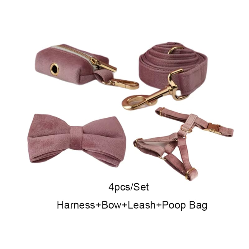 Light purple velvet dog harness, collar, bowtie, and leash set