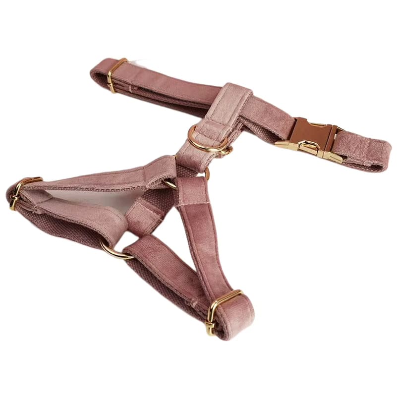 Velvet dog harness in light purple with adjustable straps and gold buckles